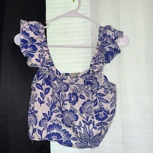 Rachel Blue and White Flutter Sleeve Ruffled Blouse